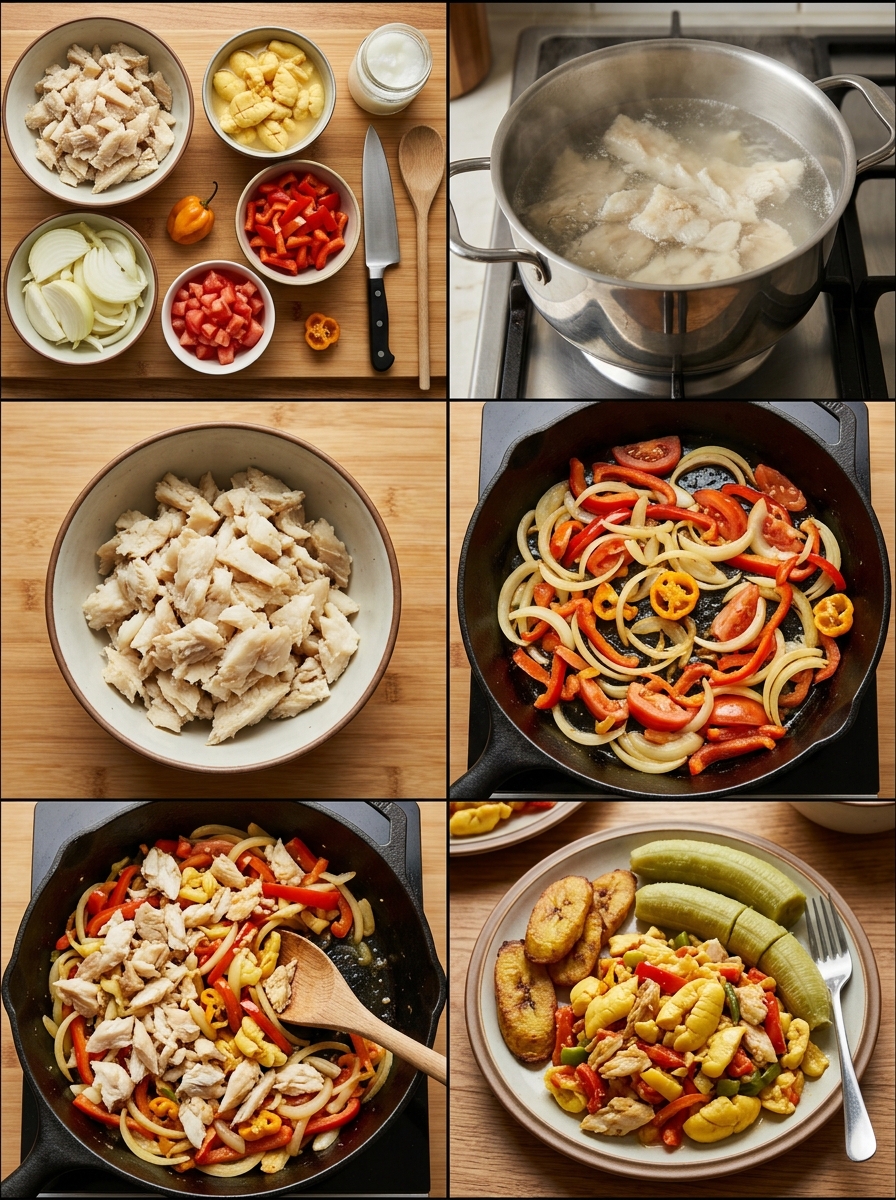 Instruction visual for Ackee y Bacalao