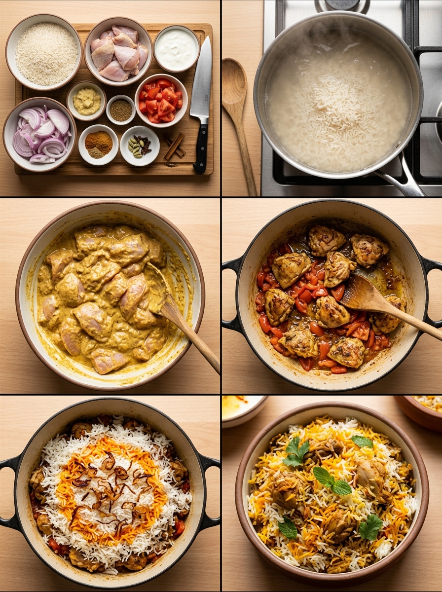 Instruction visual for Biryani de Pollo