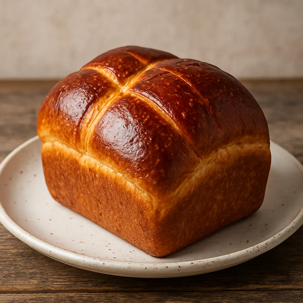 A beautiful golden-brown loaf of brioche bread, showing its soft, rich crumb.