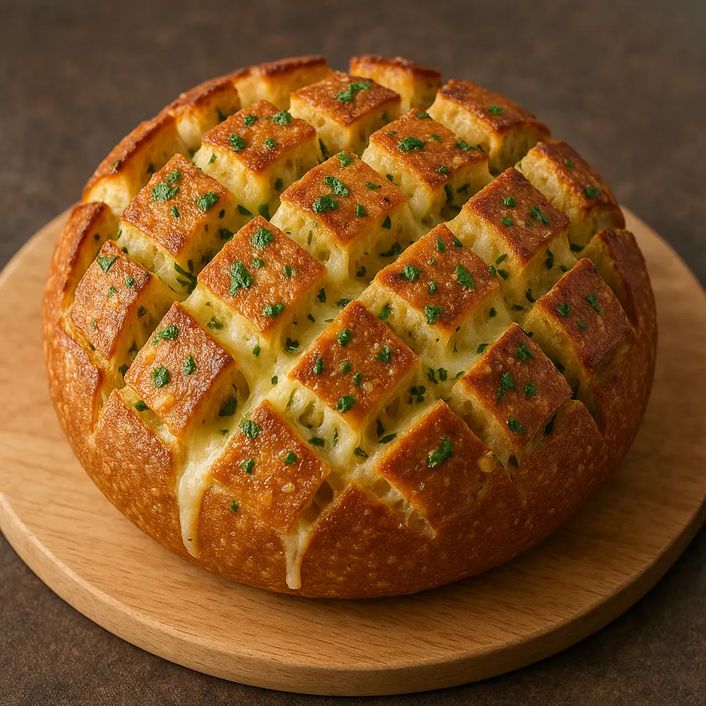 A loaf of pull-apart garlic bread overflowing with melted cheese and herbs.