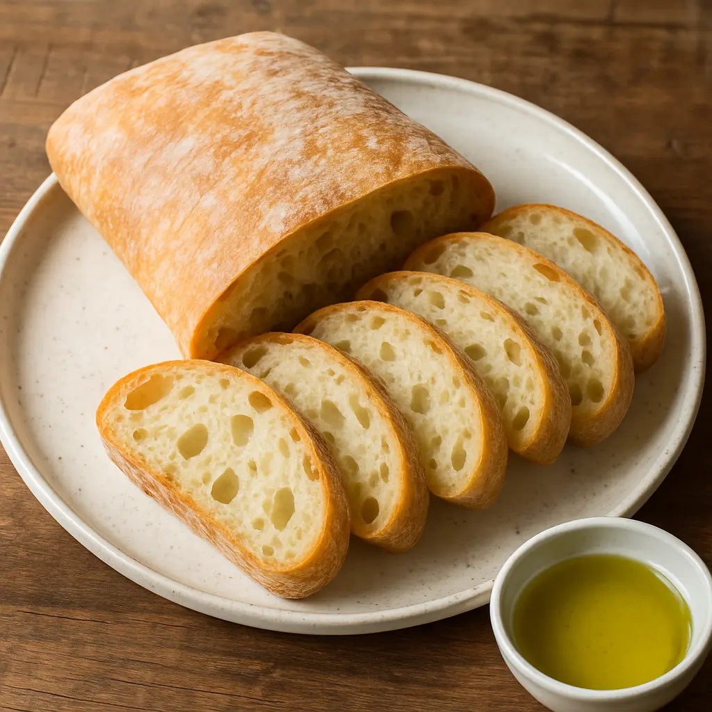 Two rustic loaves of Ciabatta bread, with a light dusting of flour on their crusty exterior.