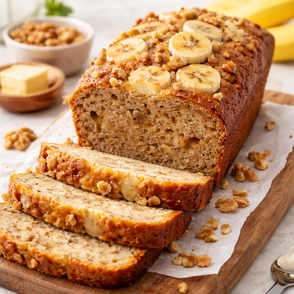 A slice of moist gluten-free banana bread.