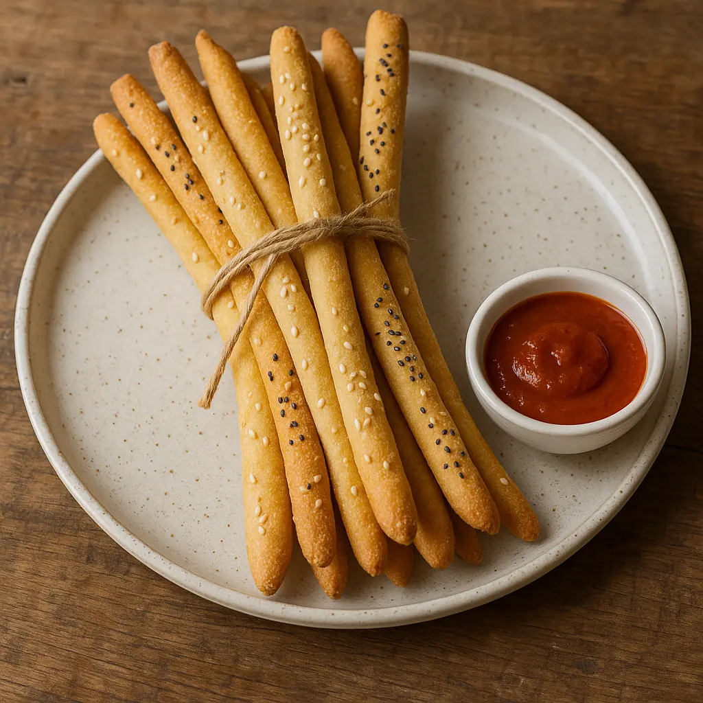 A handful of long, thin, crispy Italian grissini breadsticks.