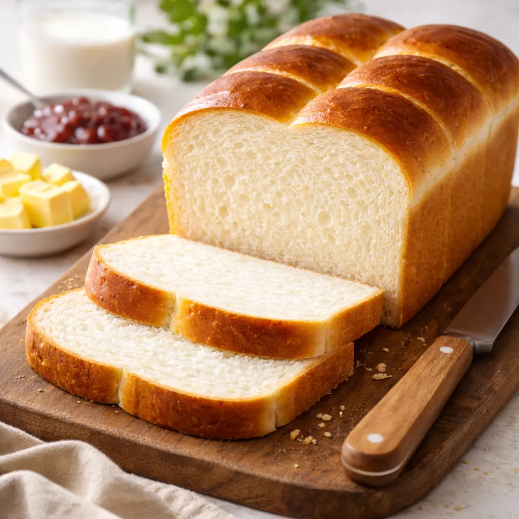 A perfectly square loaf of fluffy Japanese Shokupan, with a slice showing the soft interior.