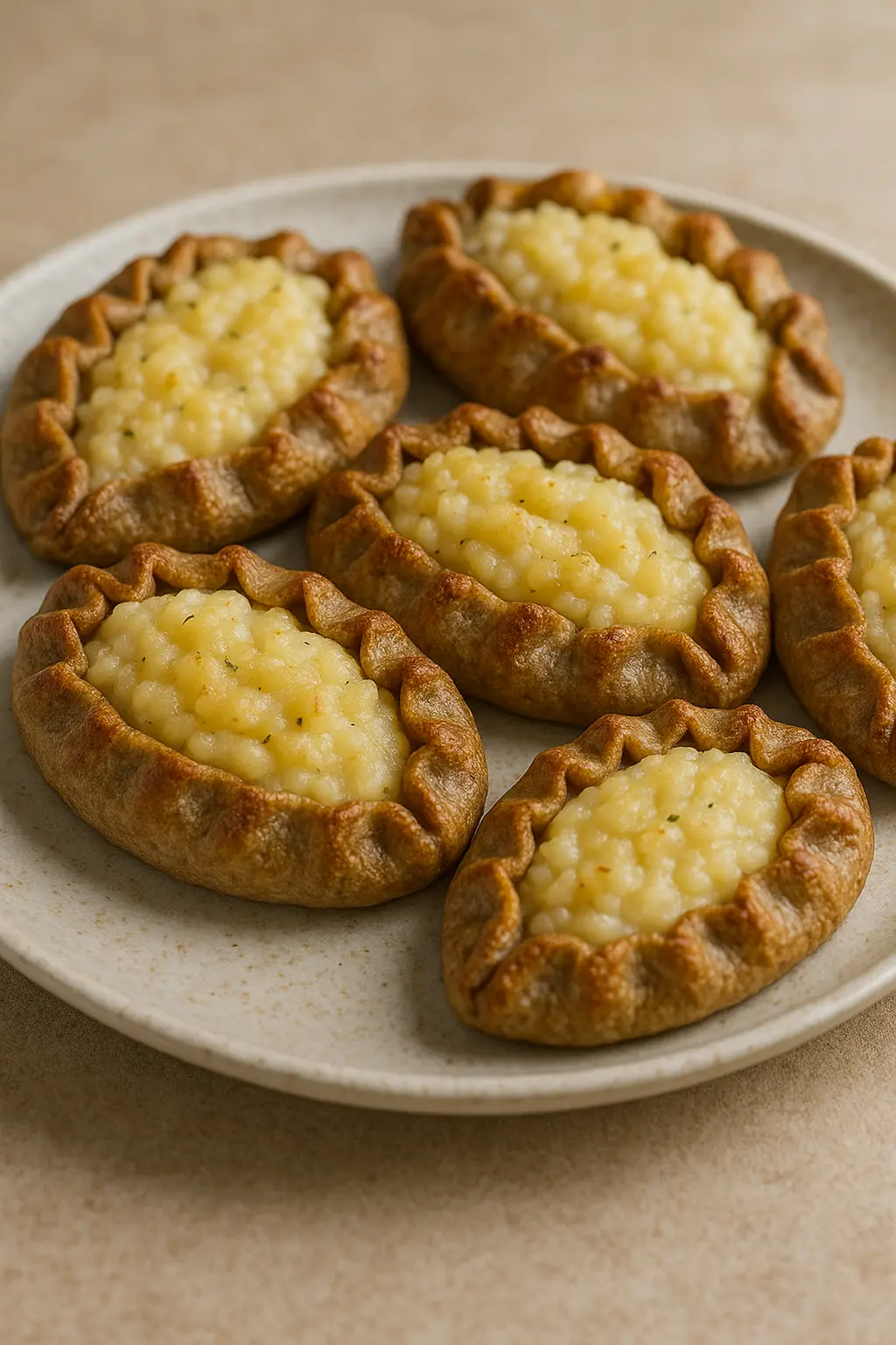 Finnish Karelian pies with a rye crust, rice porridge filling, and served with egg butter.