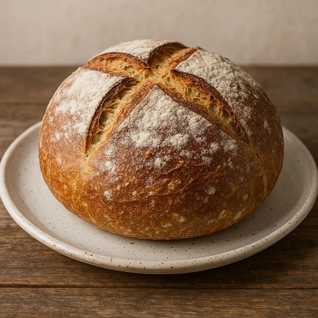 A rustic, round artisan loaf of Pain de Campagne with a beautiful, dark crust and a decorative score.