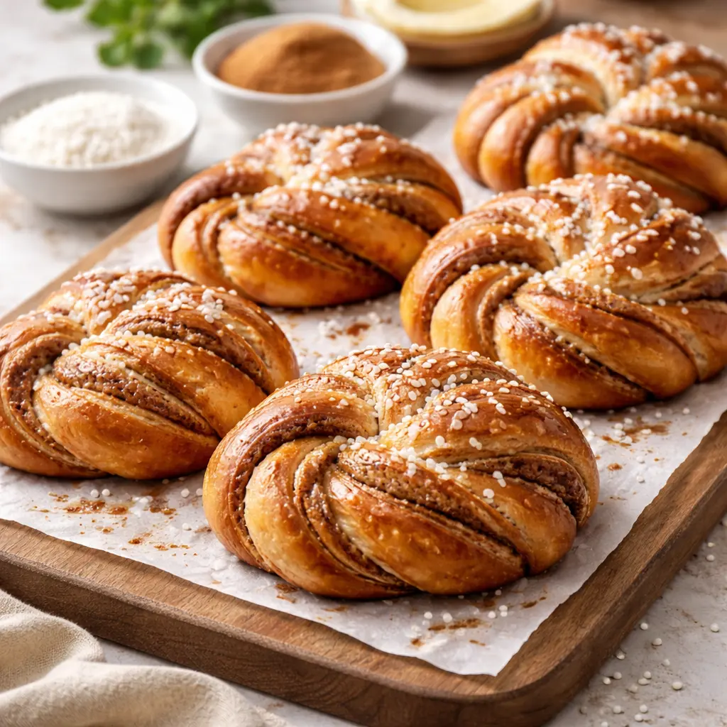 A batch of freshly baked Swedish Cinnamon Buns with their characteristic knotted shape and pearl sugar topping.