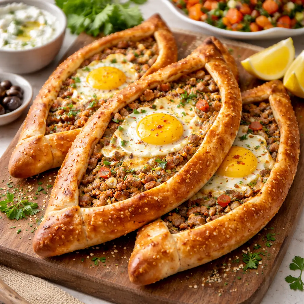 A boat-shaped Turkish Pide filled with ground meat, cheese, and a baked egg in the center.