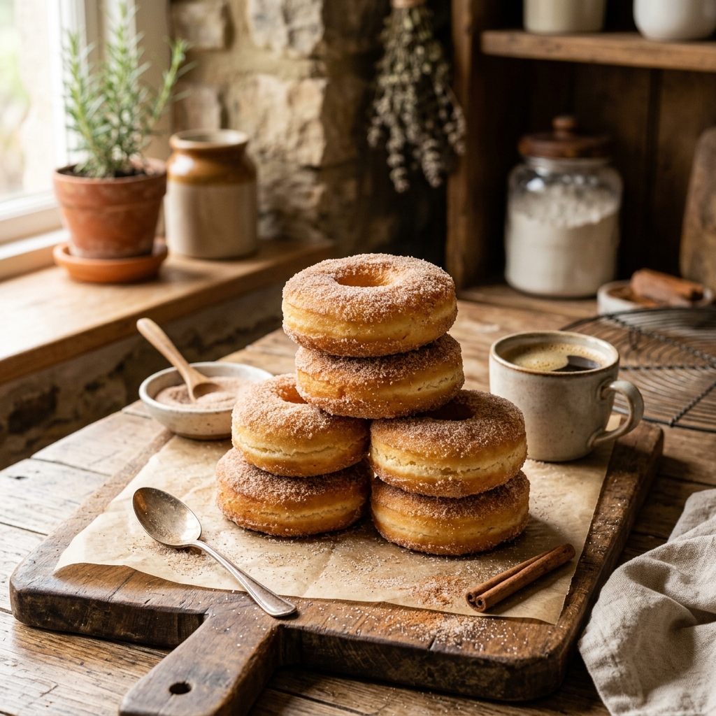 Golden air-fryer donuts dusted generously with cinnamon sugar and stacked on parchment paper.