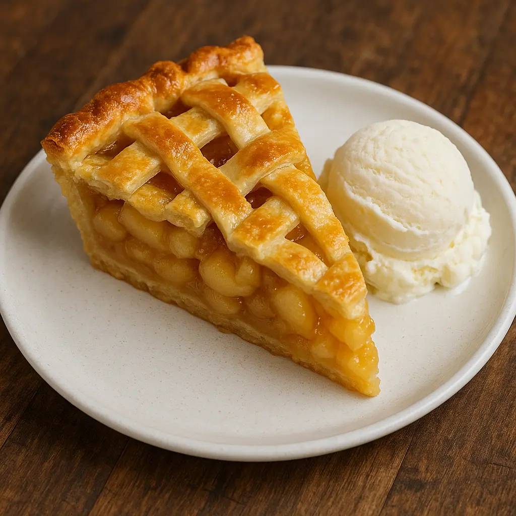 A whole, freshly baked apple pie with a beautiful lattice crust, dusted with sugar.