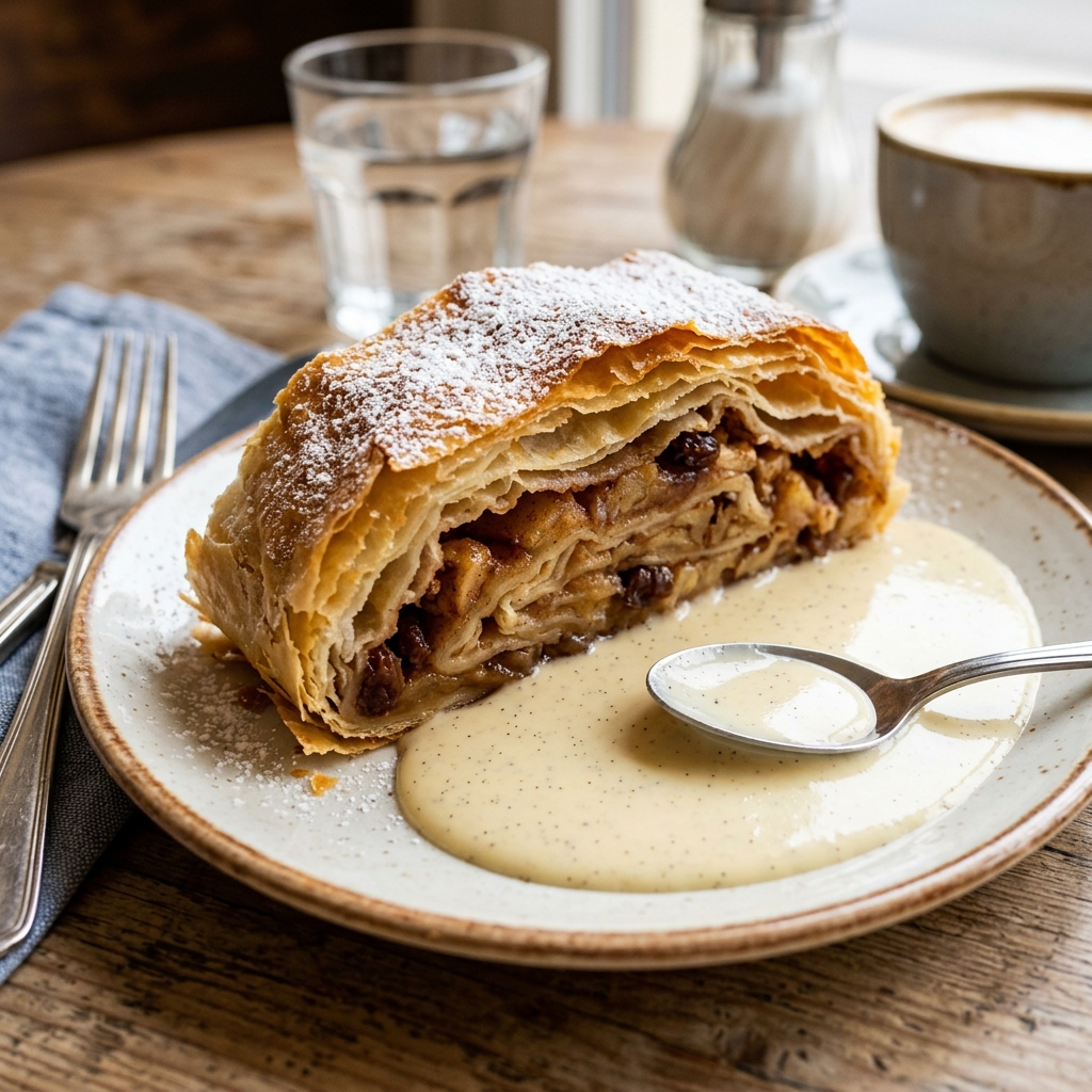 Golden crisp Viennese Apple Strudel dusted with powdered sugar and served warm with vanilla custard.