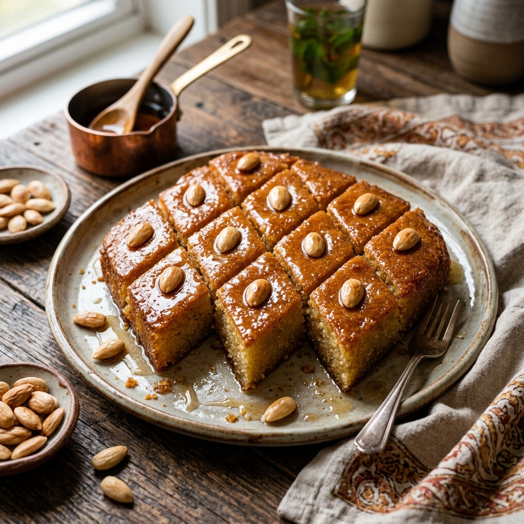 Golden diamond-cut Basbousa semolina cake soaked in syrup and topped with blanched almonds.