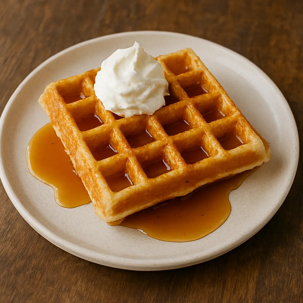 A golden Belgian waffle topped with fresh strawberries, blueberries, and a dusting of powdered sugar.