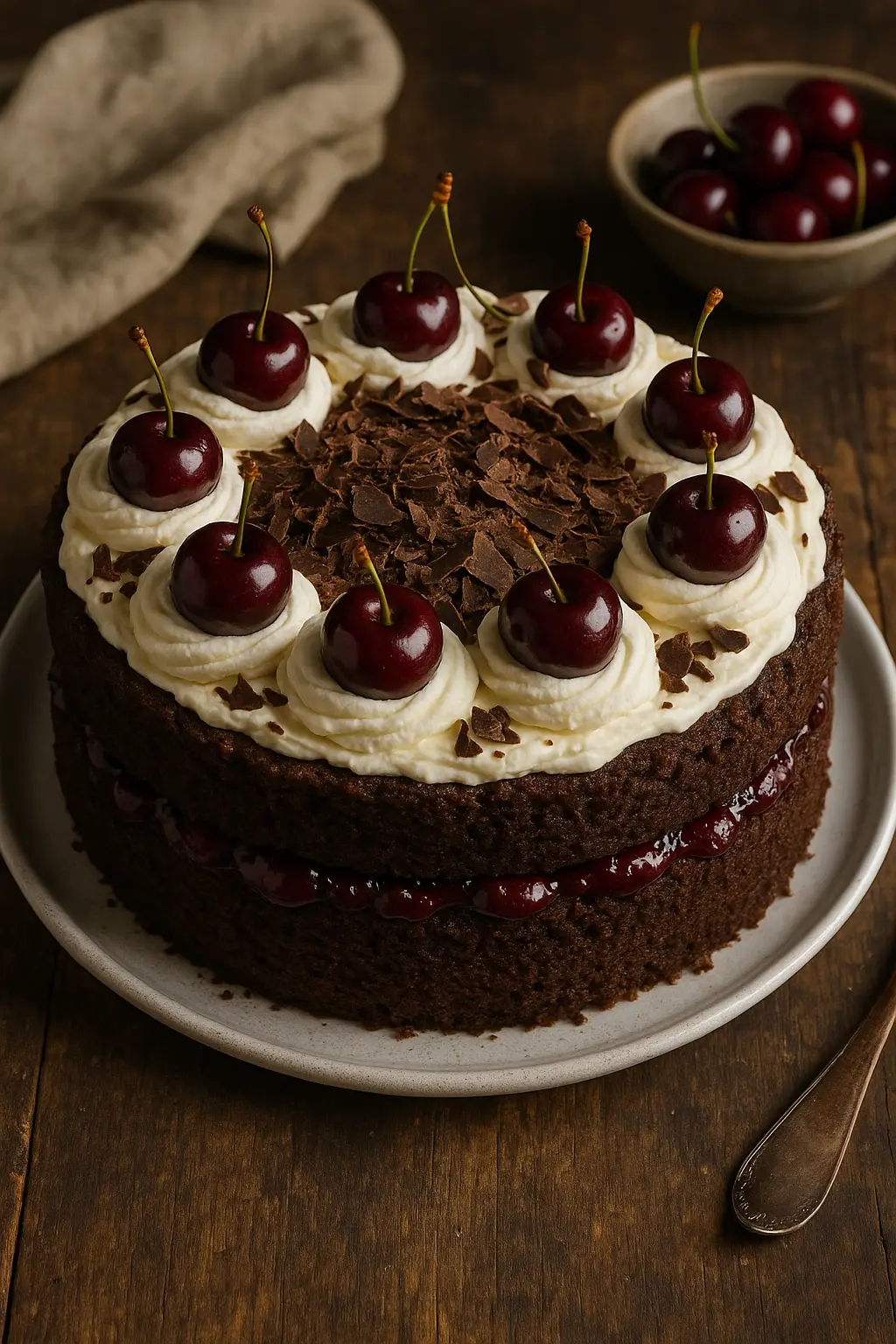 An elegant Black Forest cake decorated with whipped cream rosettes, fresh cherries, and chocolate shavings.