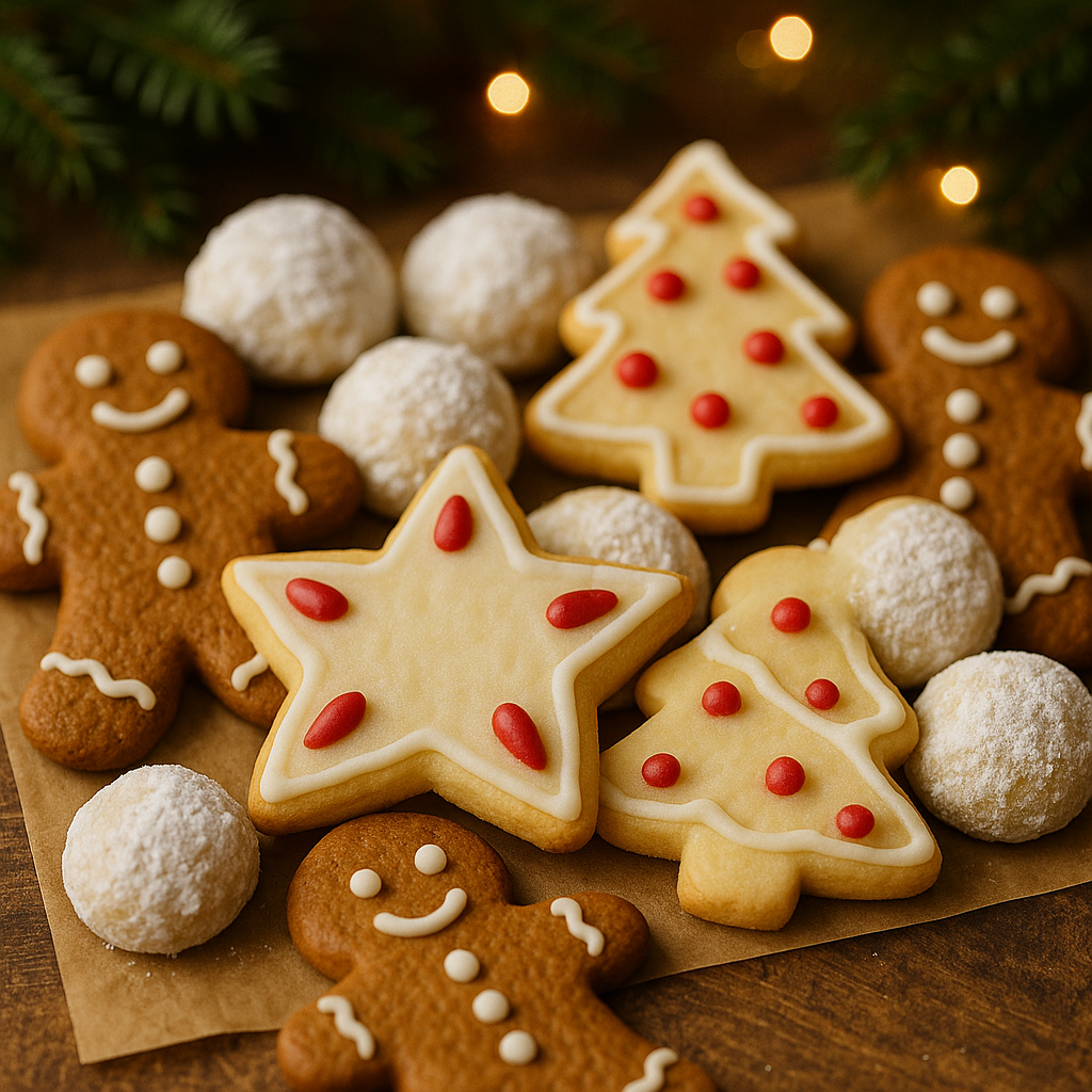 A festive assortment of Christmas cookies including decorated sugar cookies, gingerbread men, and powdered sugar-dusted snowball cookies.