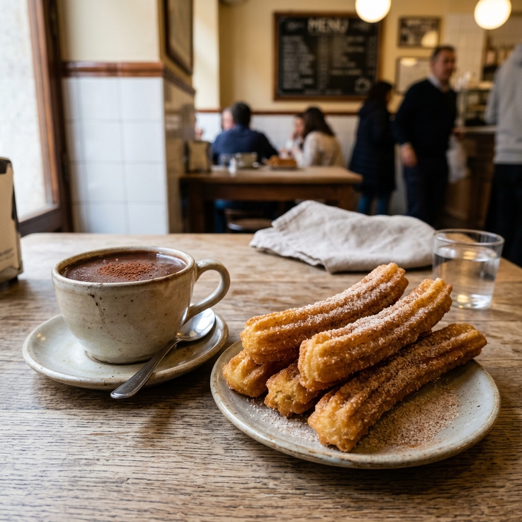 Golden crisp cinnamon sugar churros stacked next to a cup of thick Spanish dipping chocolate.