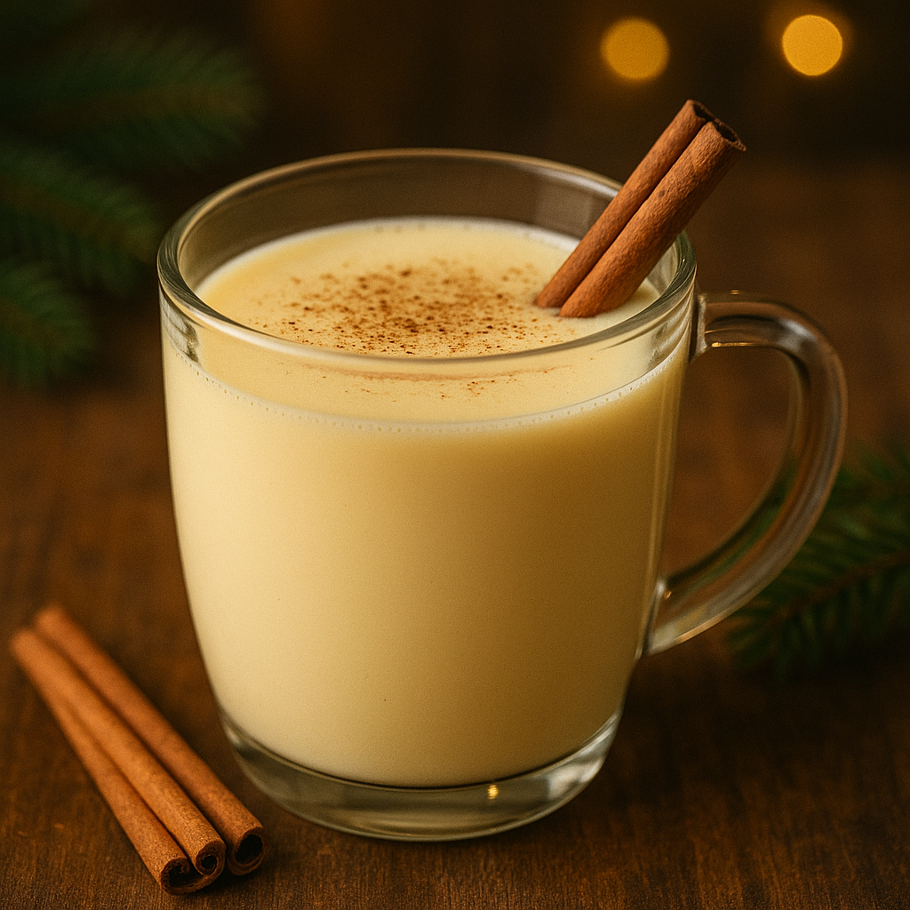 A festive glass mug of creamy homemade eggnog, garnished with a sprinkle of nutmeg and a cinnamon stick for Christmas.