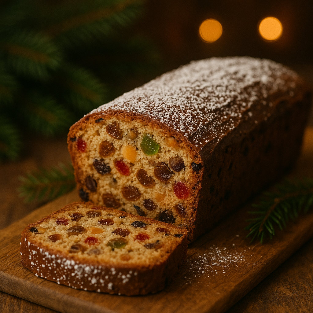 A slice of dark, rich Christmas fruitcake packed with colorful candied fruits and nuts, perfect for the holidays.
