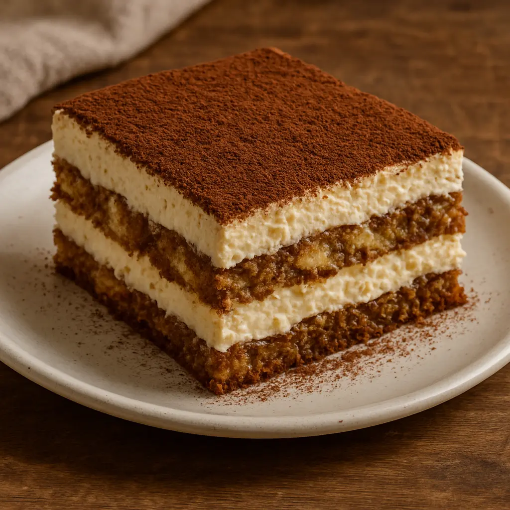 A slice of tiramisu on a plate, showing layers of coffee-soaked ladyfingers and mascarpone cream, dusted with cocoa powder.