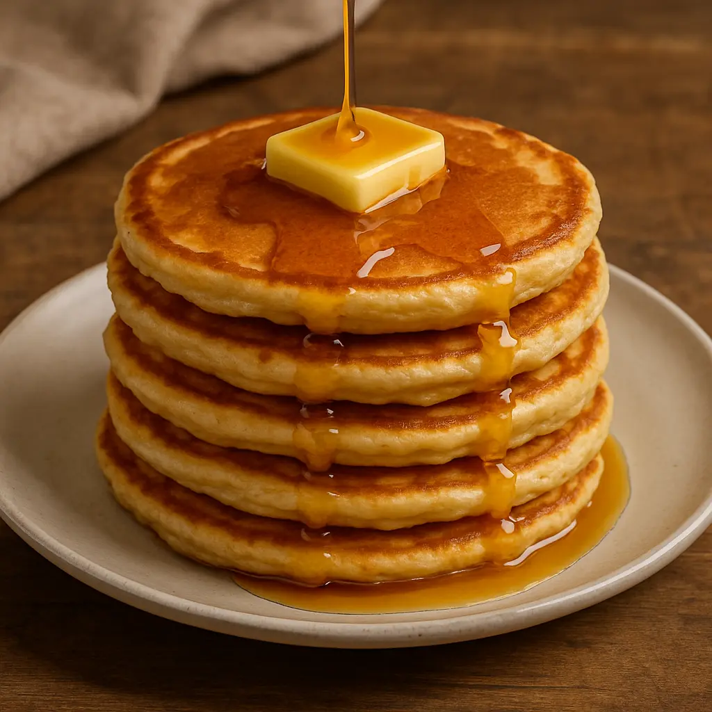 A tall stack of fluffy pancakes with a pat of melting butter and maple syrup dripping down the sides.