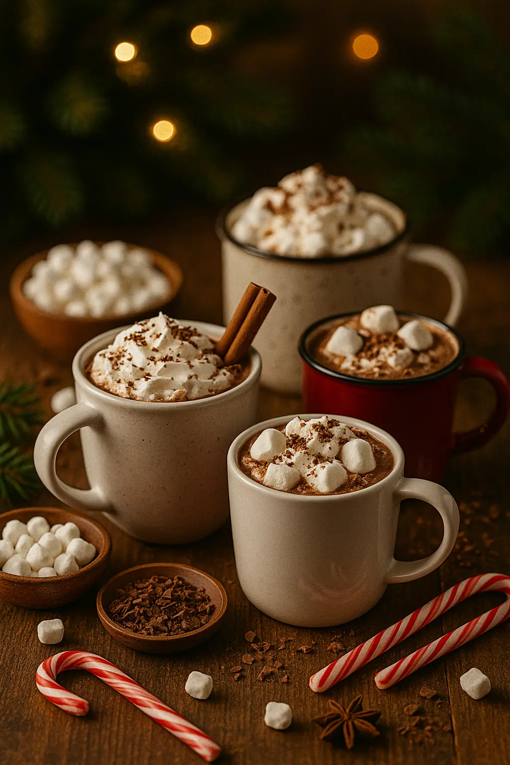 A festive Christmas hot chocolate bar with mugs, a pot of hot cocoa, and bowls of toppings like marshmallows, whipped cream, and candy canes.
