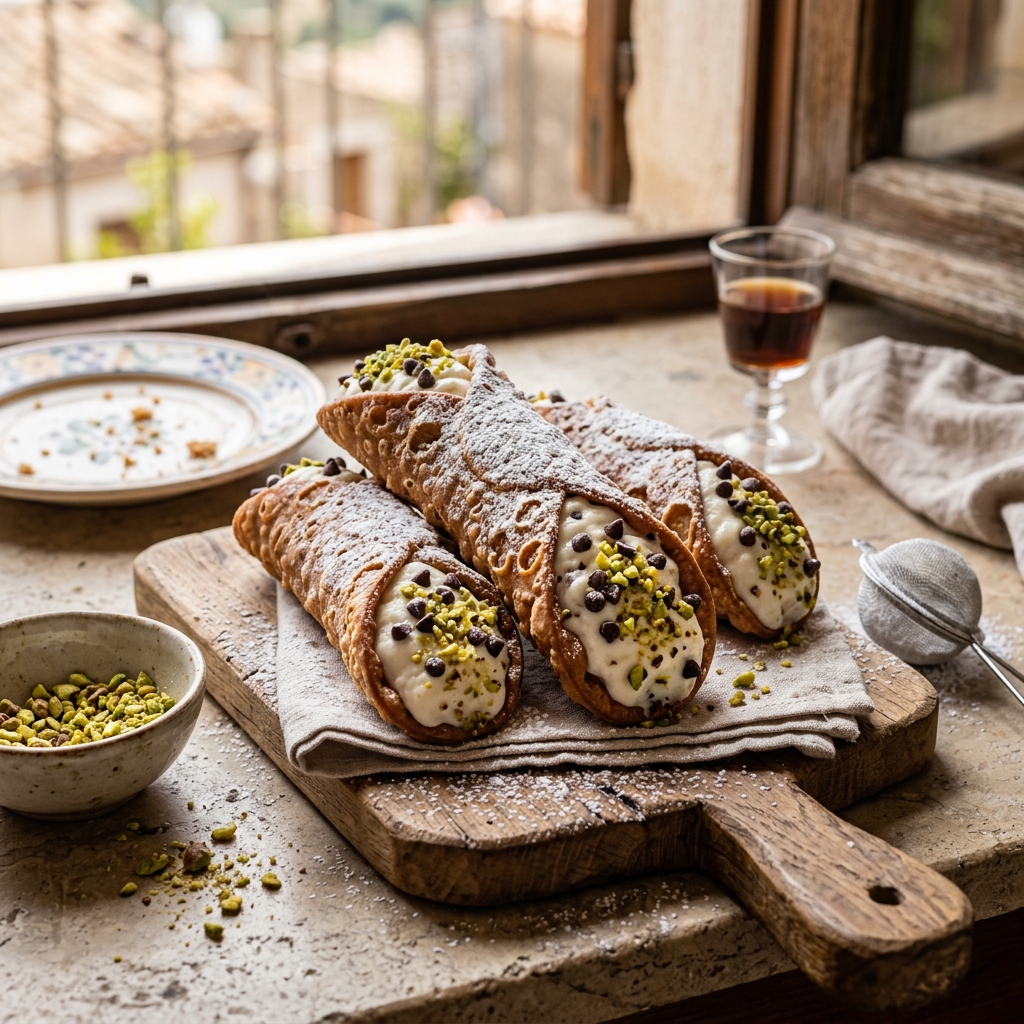Crisp Italian cannoli filled with sweet ricotta cream, dipped in crushed pistachios and mini chocolate chips.
