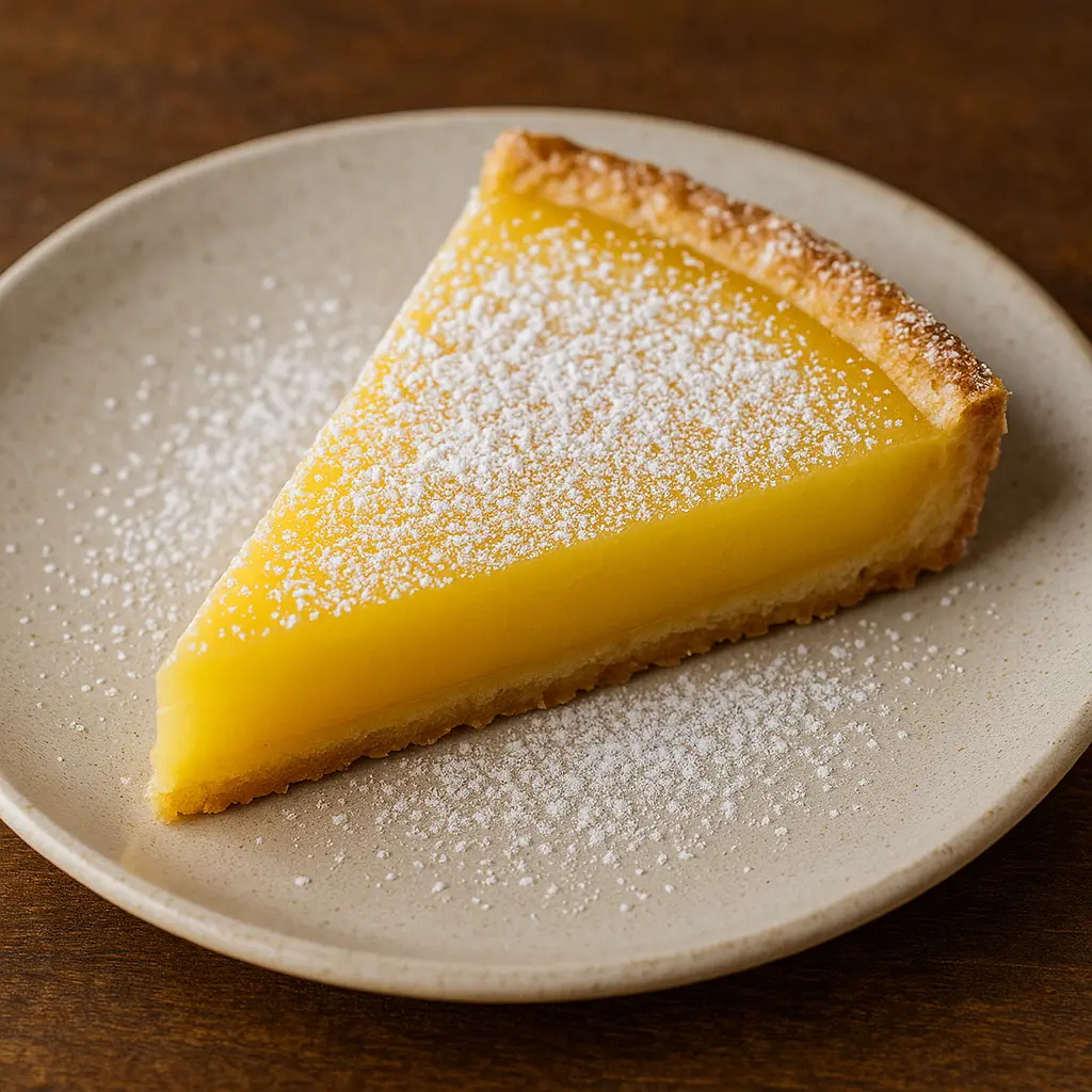 A beautiful lemon tart with a golden crust and a smooth, vibrant yellow filling, dusted with powdered sugar.