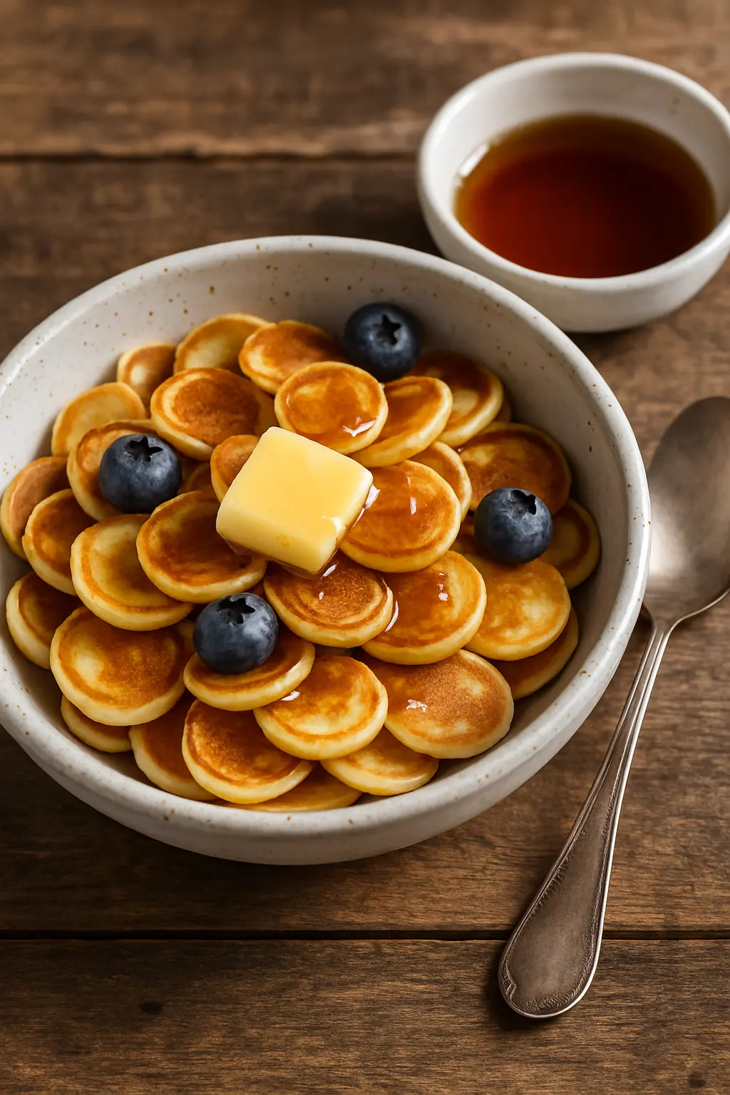 A bowl of tiny, cereal-sized pancakes with butter and maple syrup.