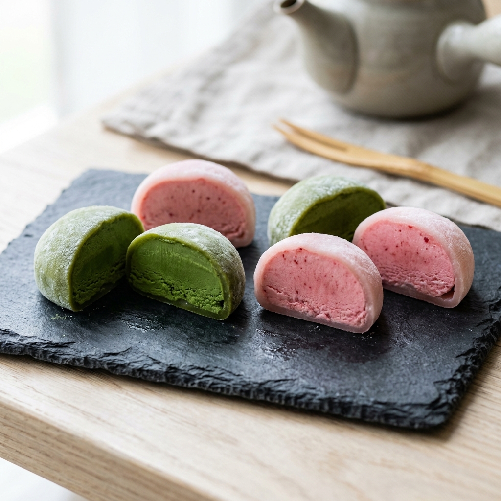 Runde pastellfarbene Mochi-Eiskugeln, halbiert, zeigen cremige Matcha- und Erdbeer-Eiszentren.