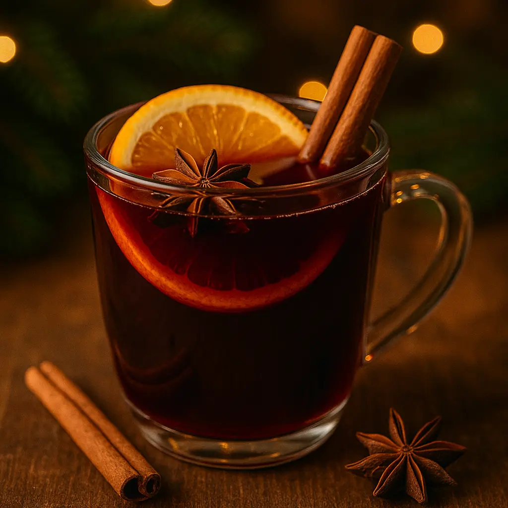 A steaming mug of festive red mulled wine garnished with a cinnamon stick and a dried orange slice, perfect for Christmas.