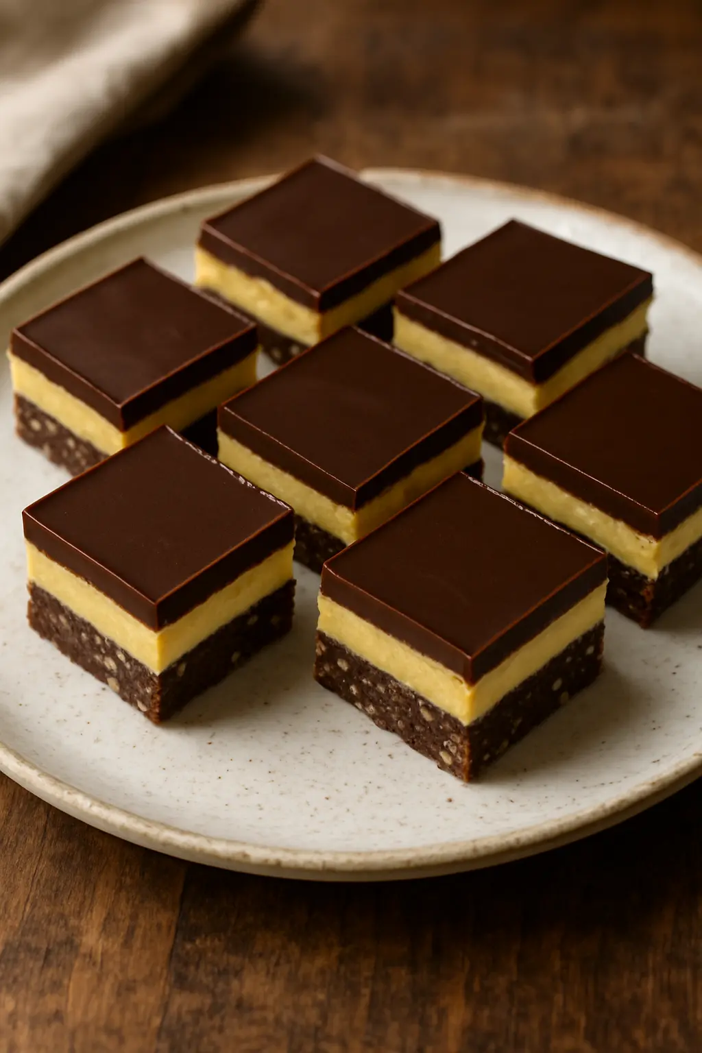 Perfectly layered Nanaimo bars with a chocolate base, yellow custard filling, and dark chocolate topping.