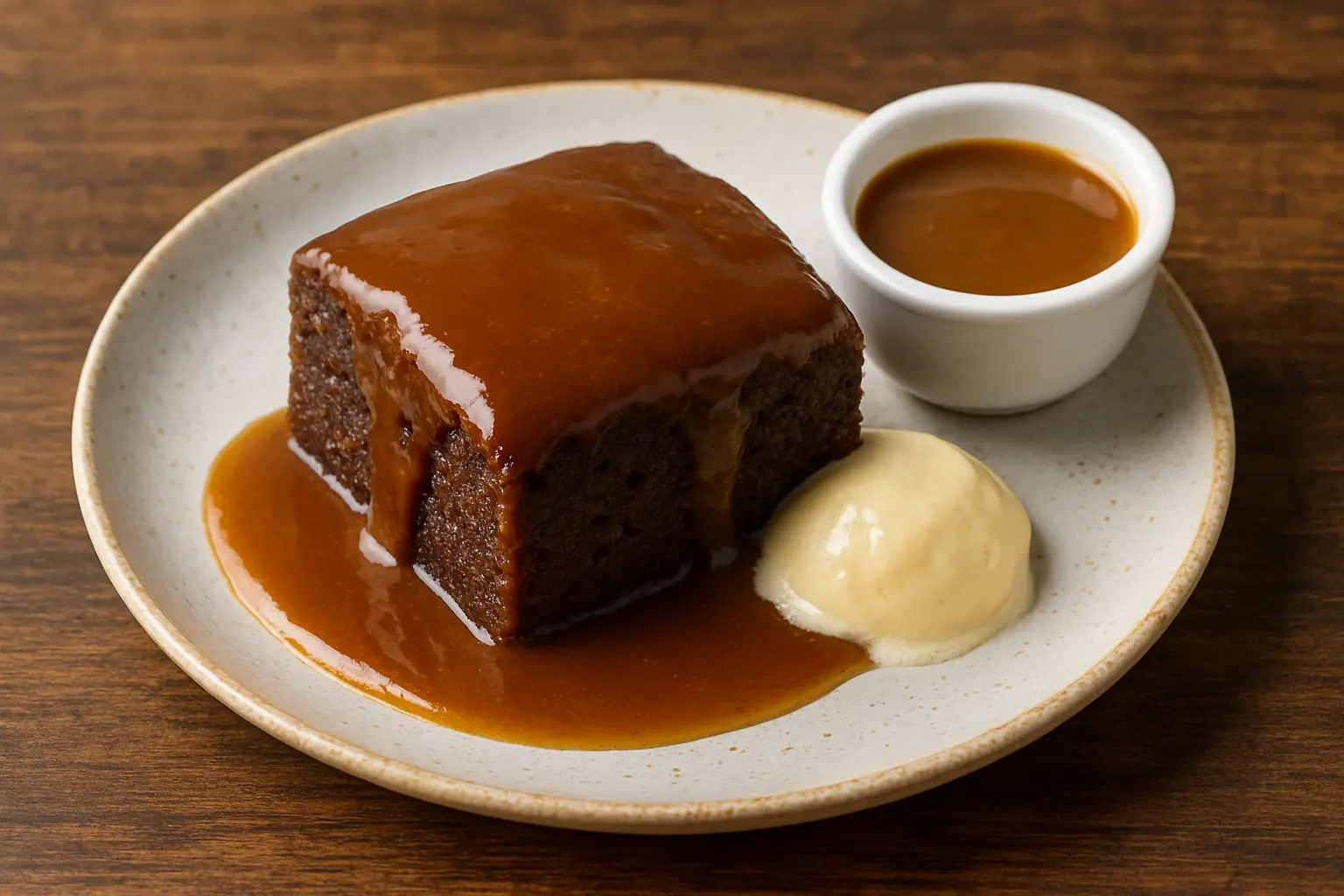 A warm slice of sticky toffee pudding drenched in a rich, dark toffee sauce.