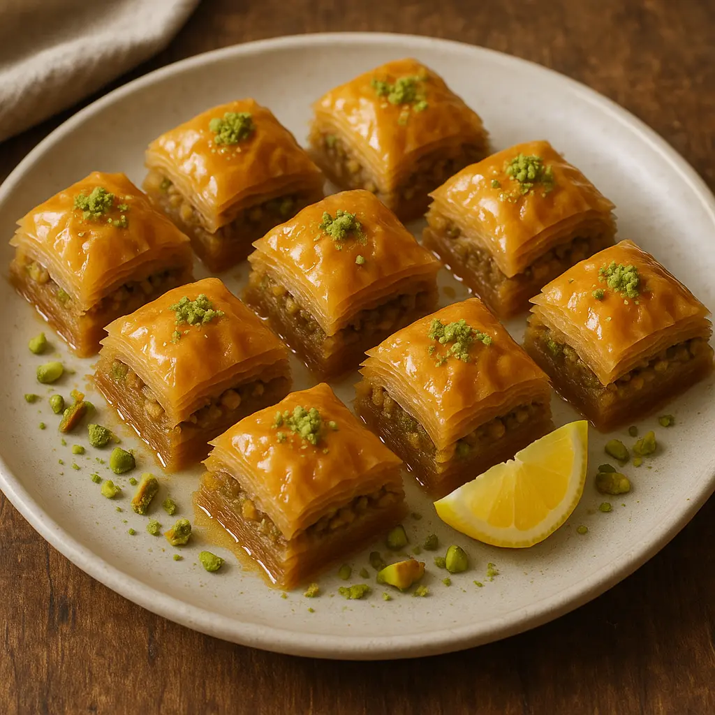 A plate of golden-brown, diamond-shaped baklava pieces drizzled with honey and topped with crushed pistachios.