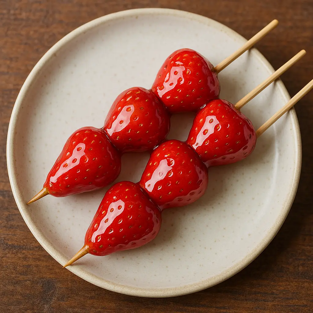 A few skewers of glistening, sugar-coated strawberries and grapes, a classic Chinese Tanghulu snack.