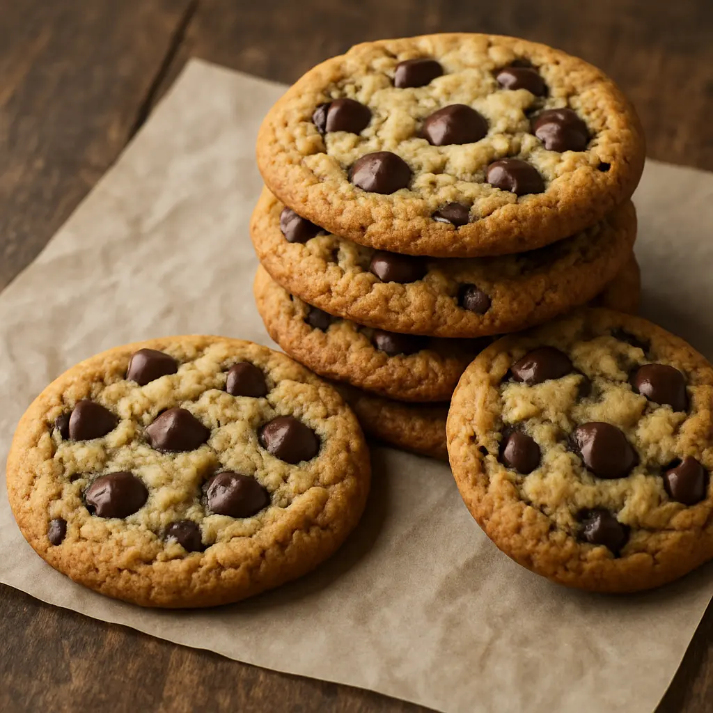 A pile of warm chocolate chip cookies with melting chocolate and a sprinkle of sea salt.