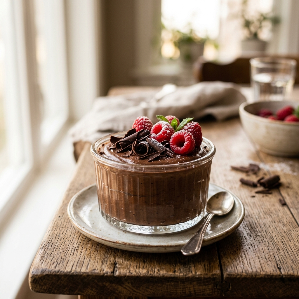 Ein gekühltes Förmchen mit samtigem veganem Schokoladenmousse, garniert mit Zartbitterschokoladenraspeln und frischen Himbeeren.