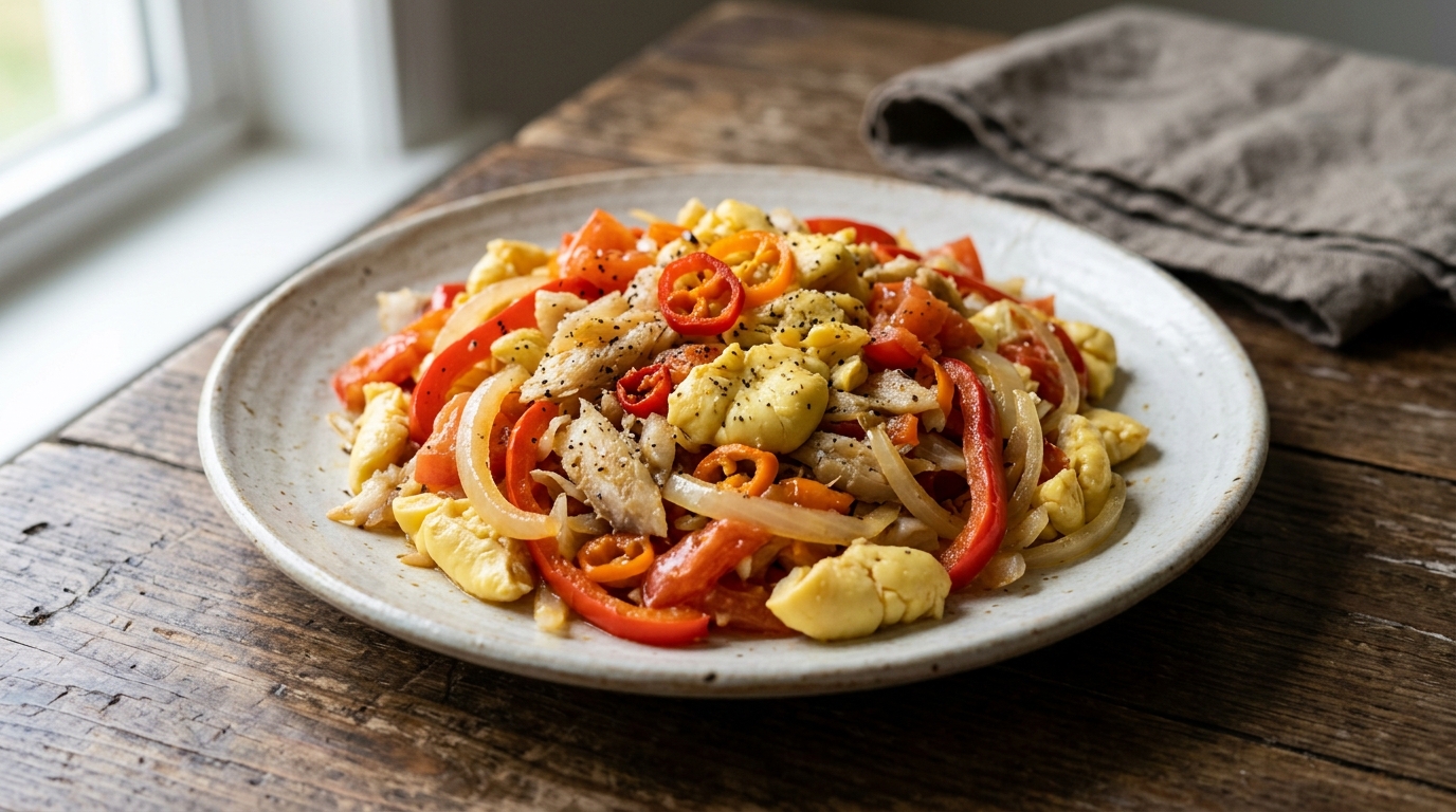 Ackee y Bacalao jamaiquino salteado con cebollas y pimientos morrones.