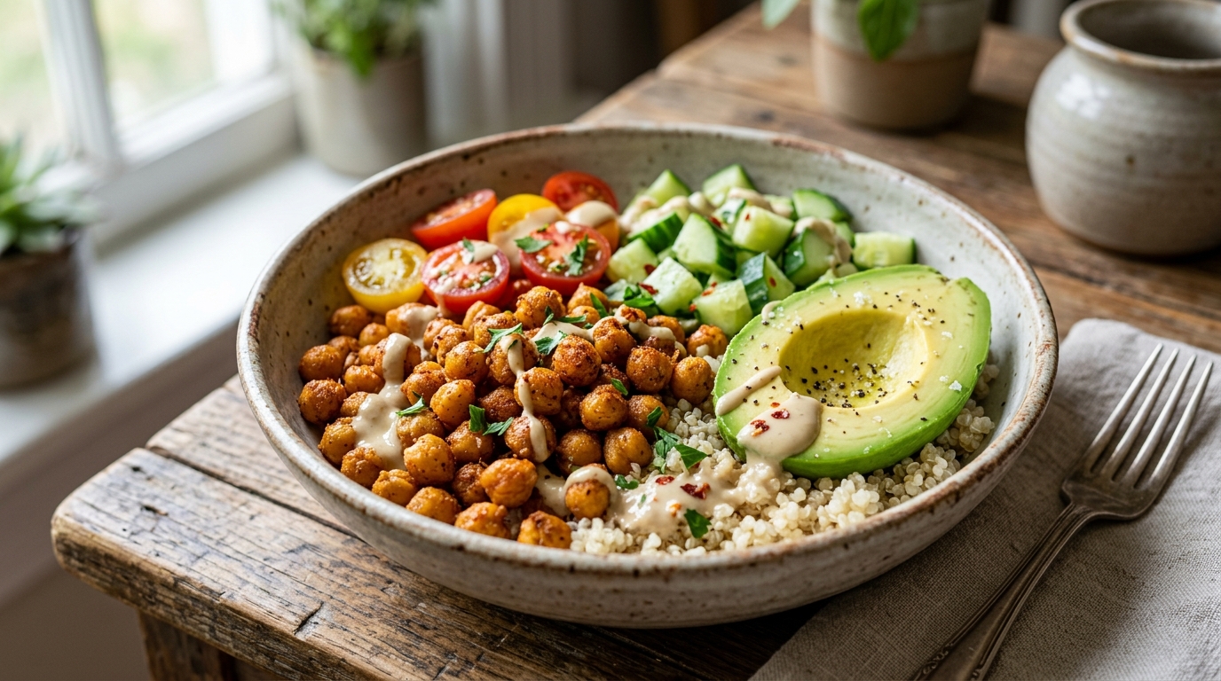 Nahrhafte Bowl mit knusprigen Heißluftfrittier-Kichererbsen, Quinoa, Avocado und Tahini-Dressing.