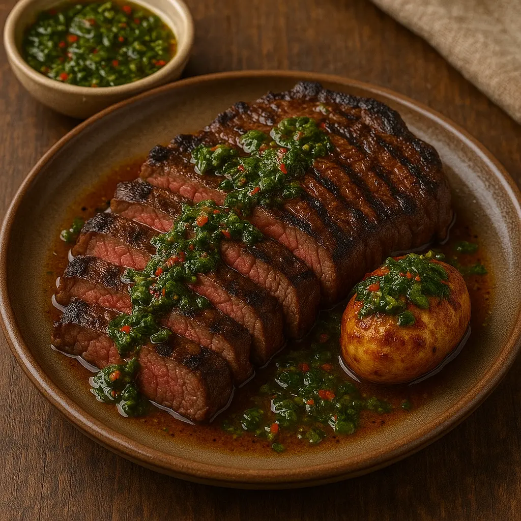 Bistec a la parrilla en rodajas cubierto con vibrante salsa chimichurri verde.
