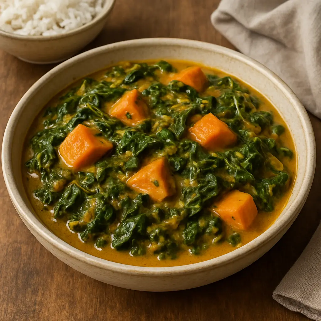 Un tazón de Babenda tradicional de Burkina Faso, una papilla con pescado y verduras.