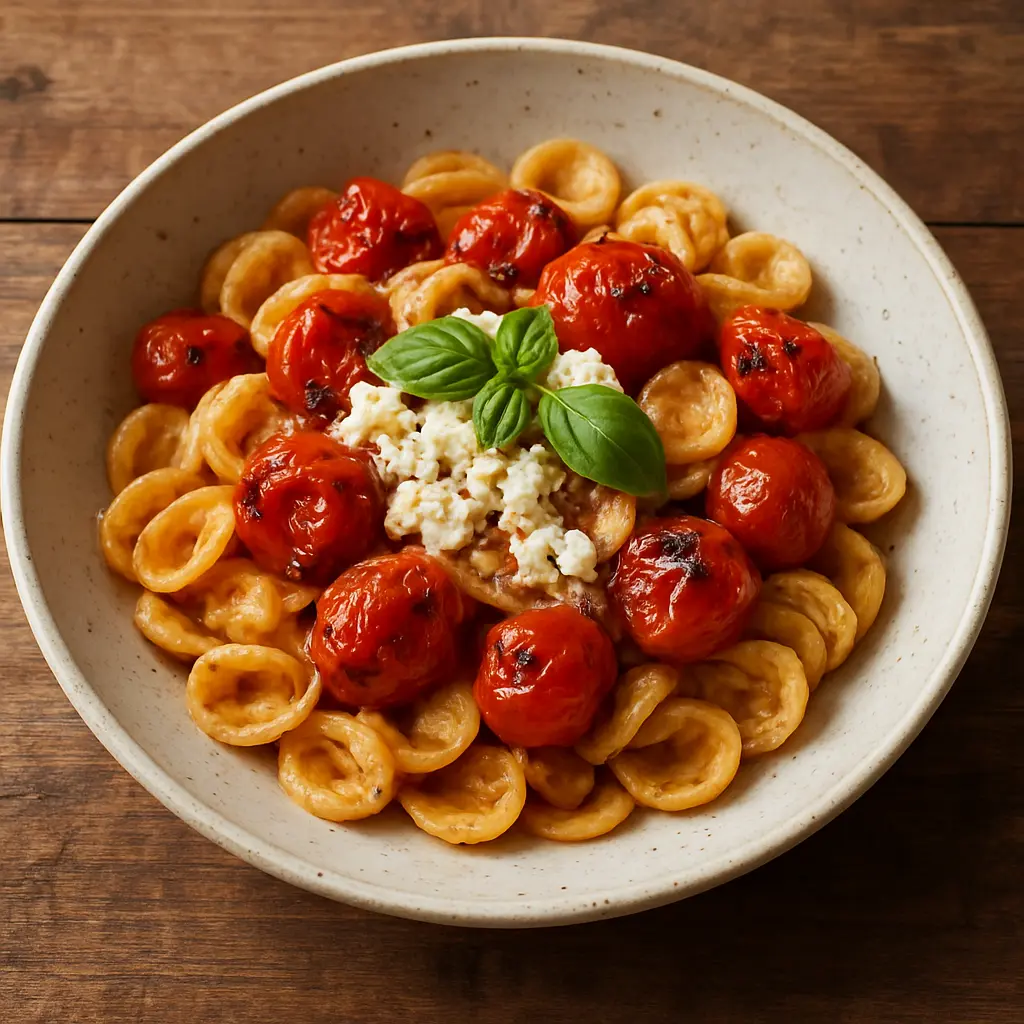 Una fuente para hornear con queso feta y tomates cherry horneados, con pasta mezclándose.