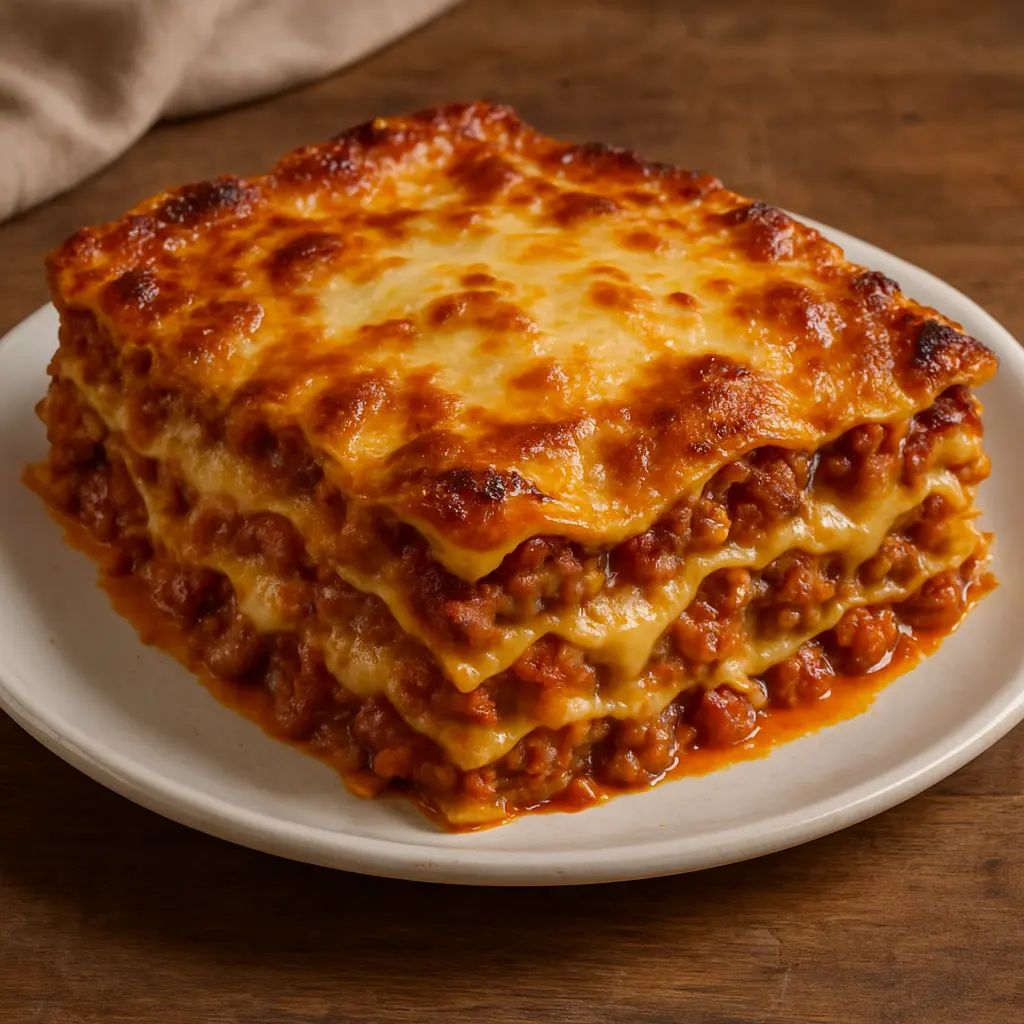 Una porción de lasagna al horno con capas visibles de pasta, ricotta, salsa de carne y queso mozzarella derretido.