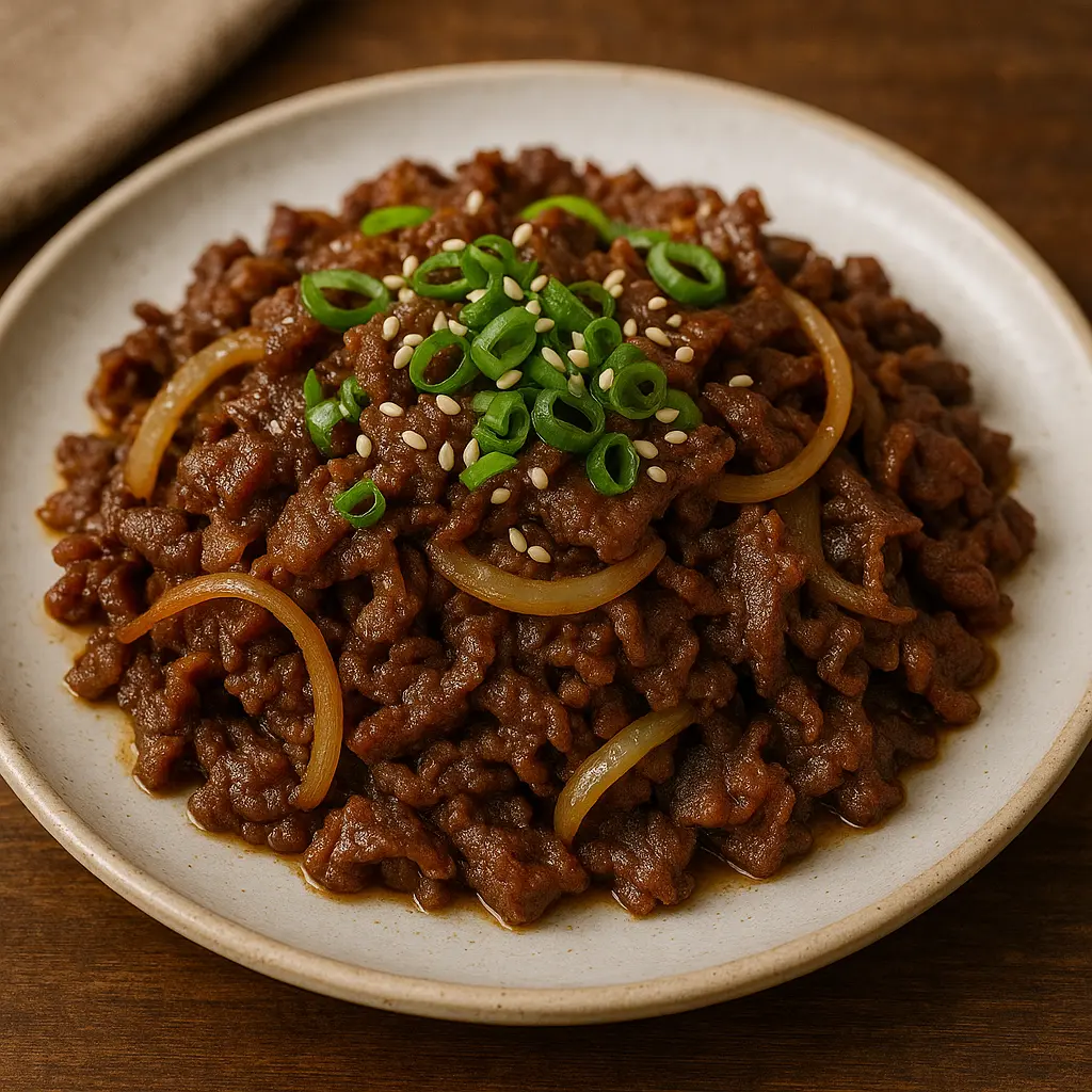 Un plato chispeante de bulgogi de res coreano con cebollas caramelizadas y semillas de sésamo.