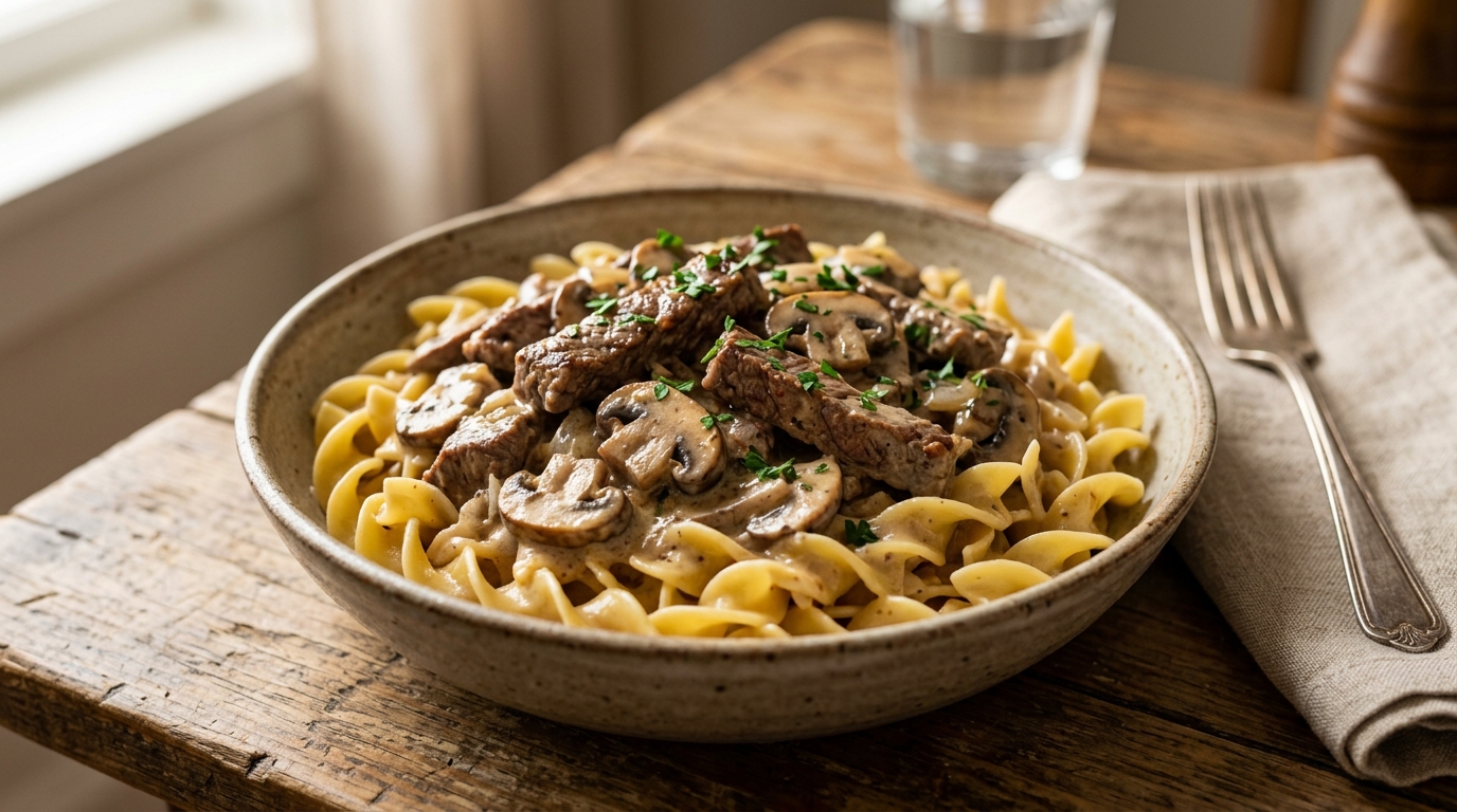 Creamy beef stroganoff with mushrooms served over buttered egg noodles.
