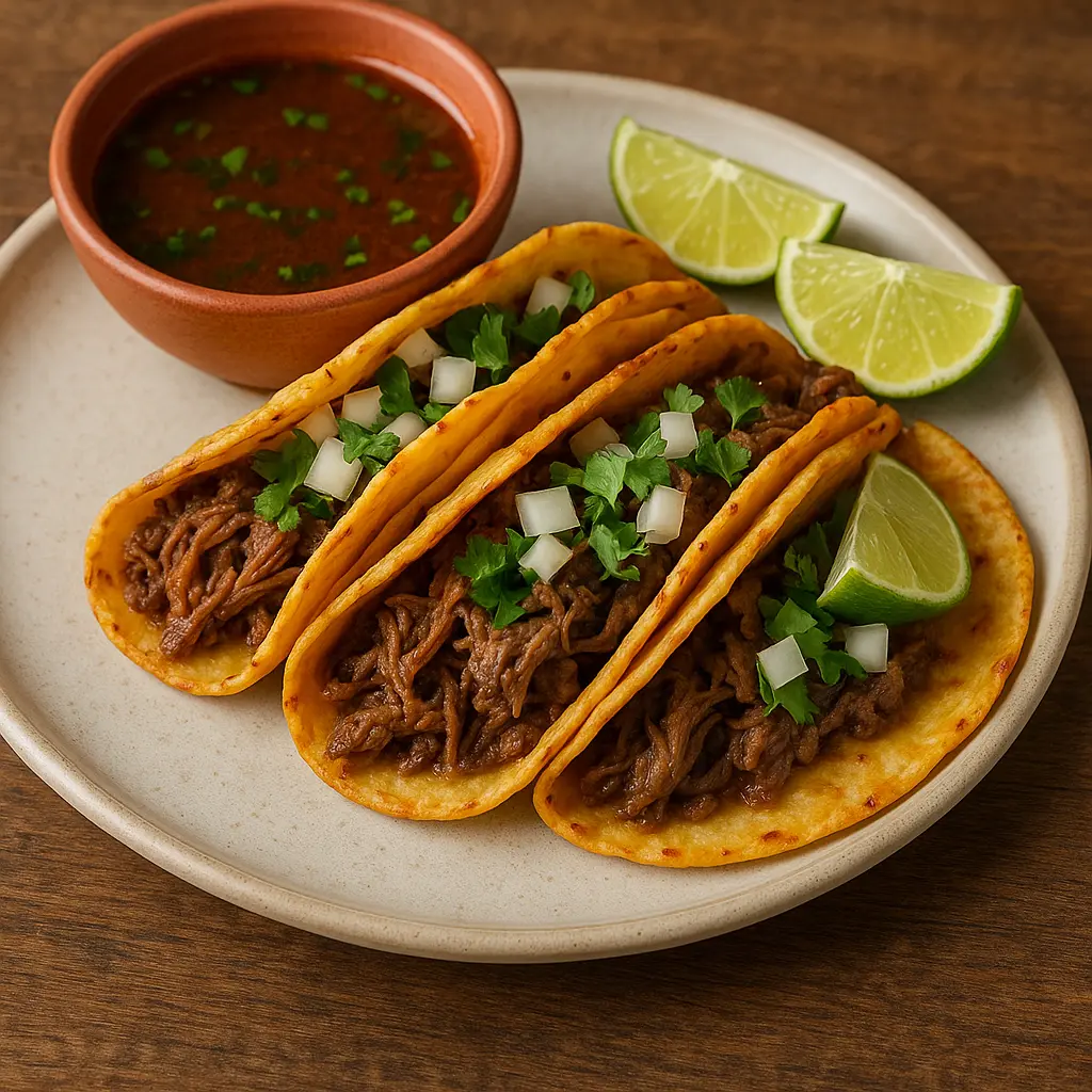 Tacos de birria crujientes con un lado de consomé rico y rojo para mojar.