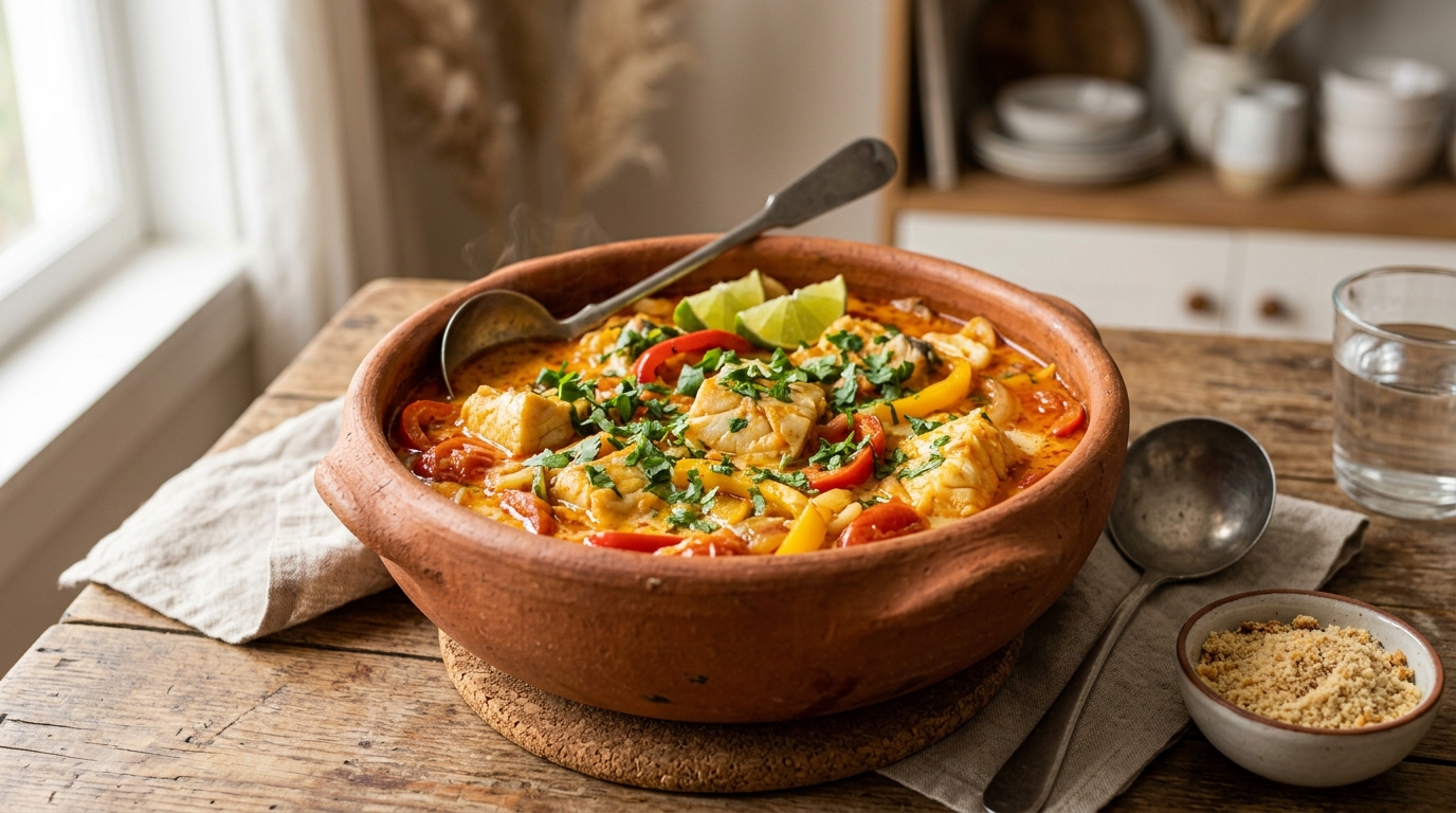 Olla de barro con guiso de pescado brasileño colorido cocinado con pimientos y leche de coco.