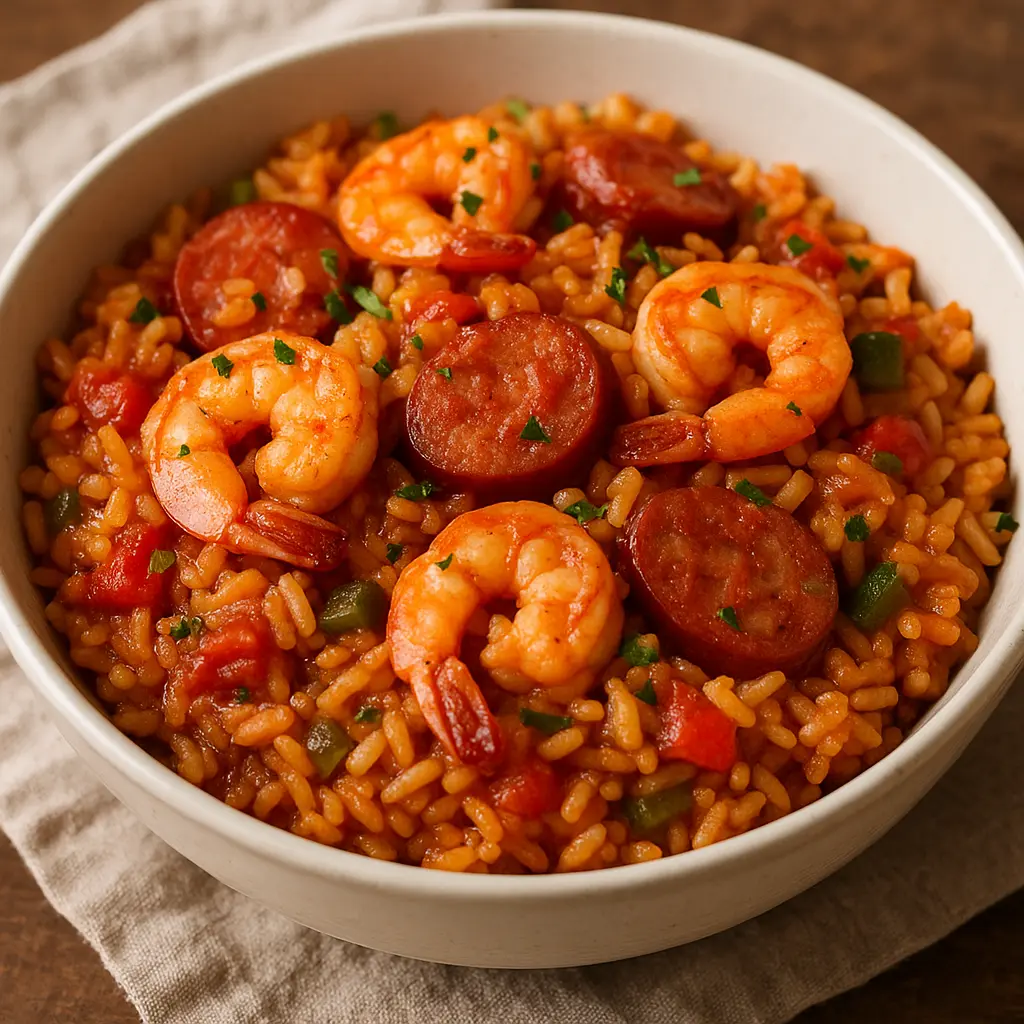 Una olla grande de jambalaya cajún llena de arroz, salchicha, pollo y camarones.