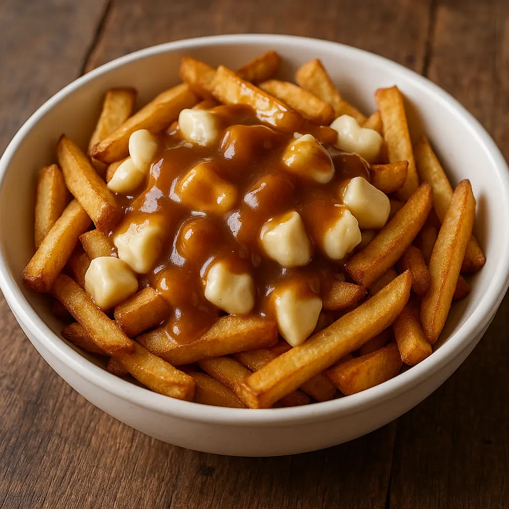 Una abundante porción de poutine canadiense con patatas fritas, cuajada de queso y rica salsa gravy marrón.