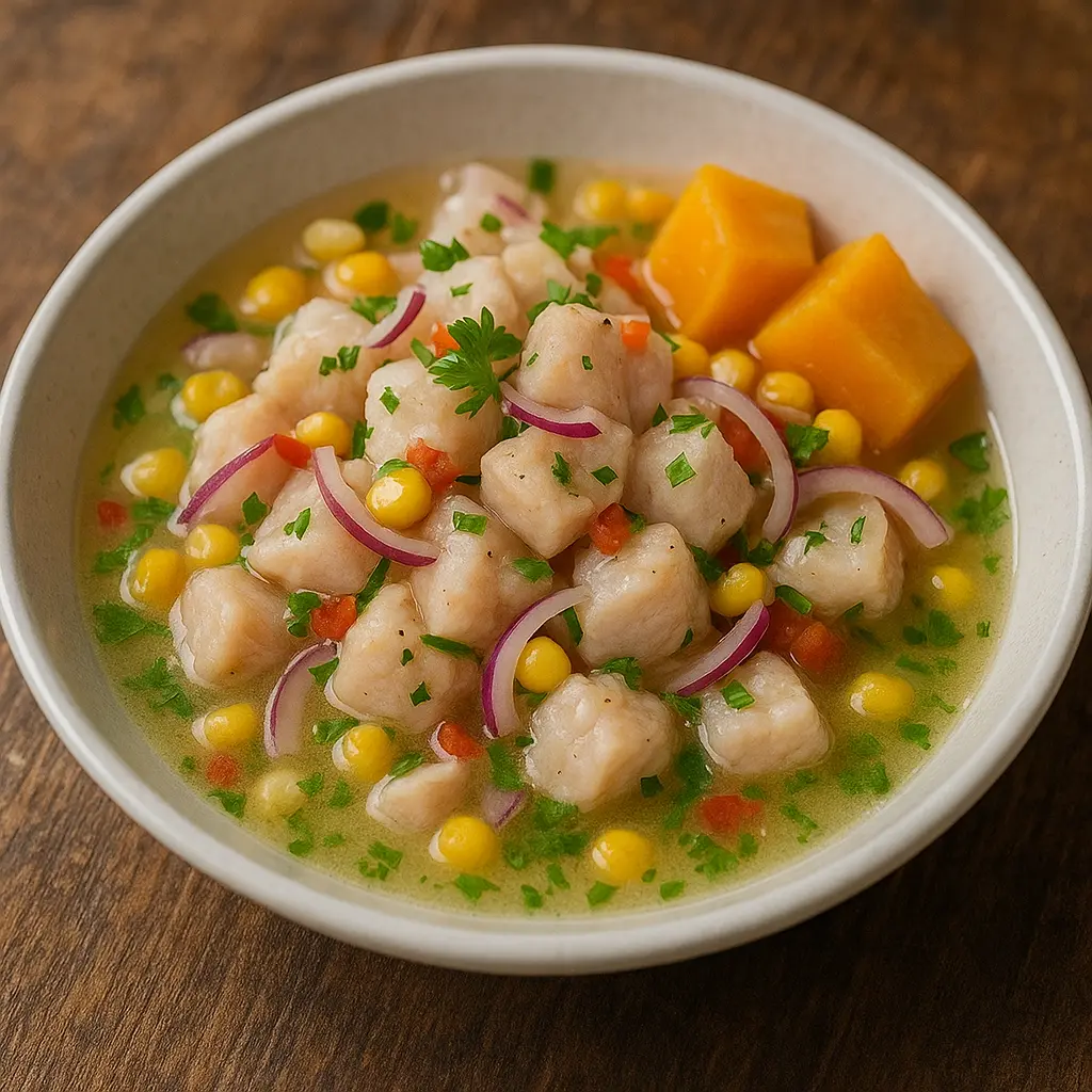 Un tazón brillante y fresco de ceviche peruano con pescado, cebolla roja y cilantro.