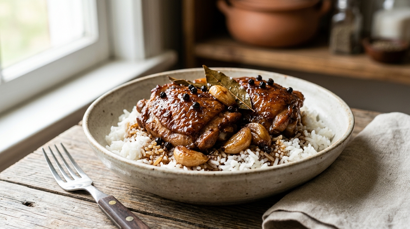 Sabroso adobo de pollo filipino servido sobre arroz blanco con salsa de ajo reducida.